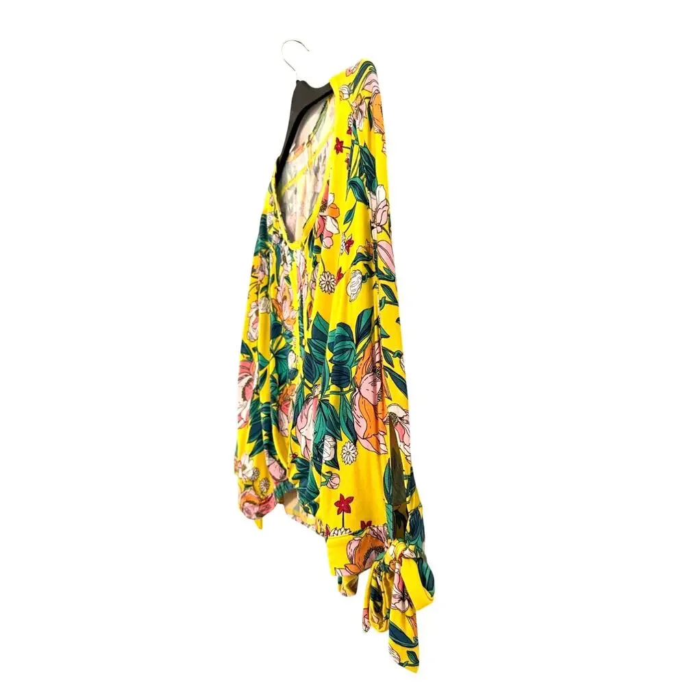 Free People Keepin’ On Peasant Top Floral Tie Sleeve Boho Blouse Yellow XS